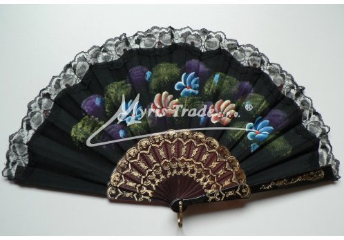 vějíř textilní - ručně malovaný, černý