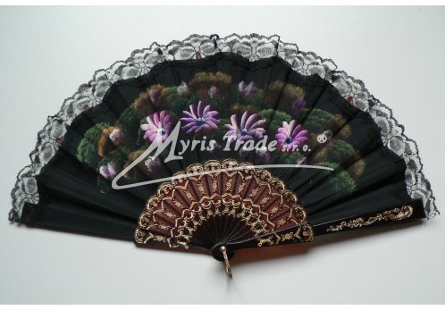 vějíř textilní - ručně malovaný, černý