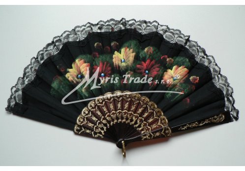vějíř textilní - ručně malovaný, černý