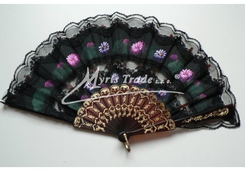 vějíř textilní s krajkou - ručně malovaný, černý