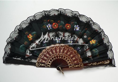 vějíř textilní s krajkou - ručně malovaný, černý