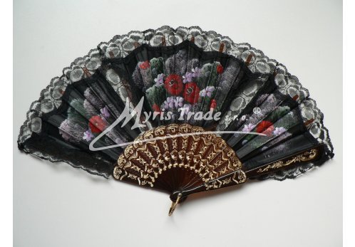 vějíř textilní s krajkou - ručně malovaný, černý