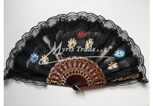 vějíř textilní s krajkou - ručně malovaný, černý