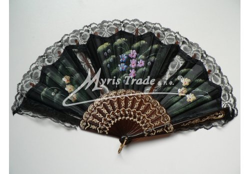 vějíř textilní s krajkou - ručně malovaný, černý