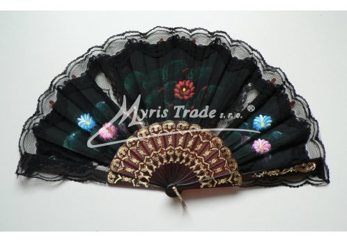 vějíř textilní s krajkou - ručně malovaný, černý