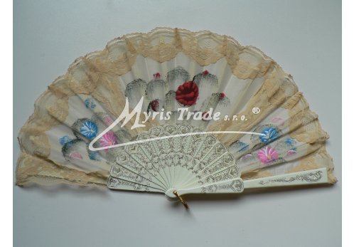 vějíř textilní s krajkou - ručně malovaný, slonová kost