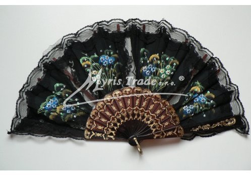 vějíř textilní s krajkou - ručně malovaný, černý