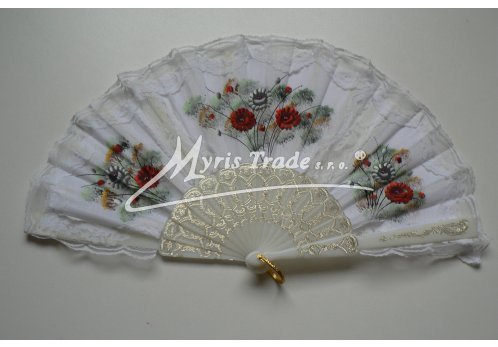 vějíř textilní s krajkou - ručně malovaný, bílý