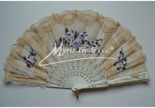 vějíř textilní s krajkou - ručně malovaný, slonová kost