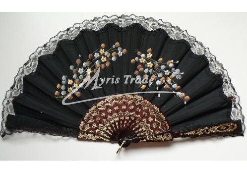 velký vějíř textilní - ručně malovaný, černý