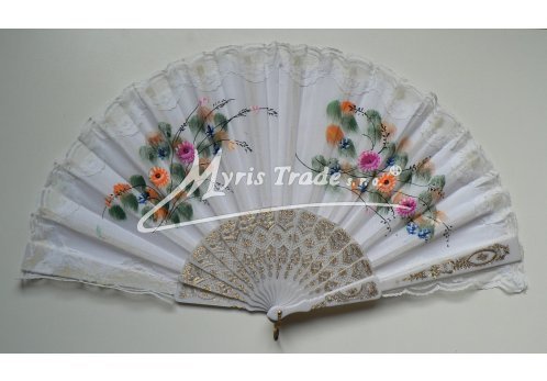 velký vějíř textilní - ručně malovaný, bílý