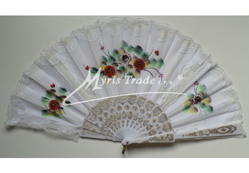 velký vějíř textilní - ručně malovaný, bílý