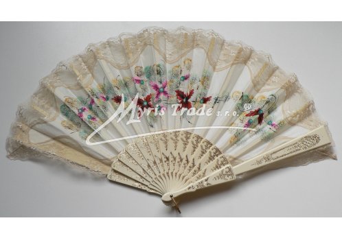 velký vějíř textilní - ručně malovaný, slonová kost
