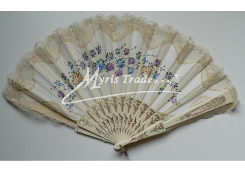 velký vějíř textilní - ručně malovaný, slonová kost
