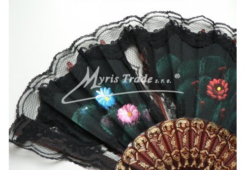 vějíř textilní s krajkou - ručně malovaný, černý