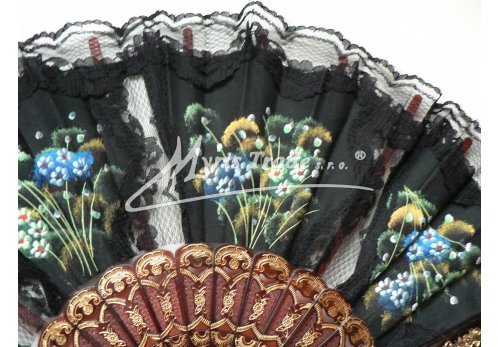 vějíř textilní s krajkou - ručně malovaný, černý