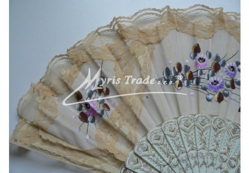 vějíř textilní s krajkou - ručně malovaný, slonová kost