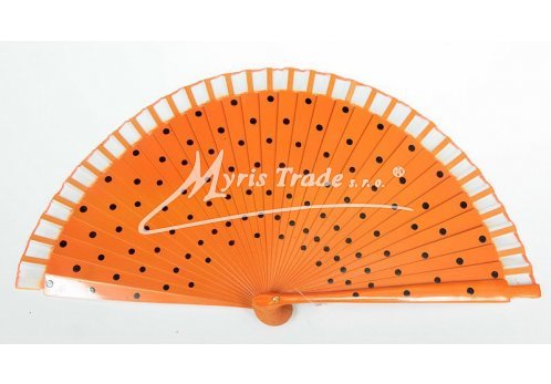 dřevěný puntíkovaný vějíř - oranžovočerný